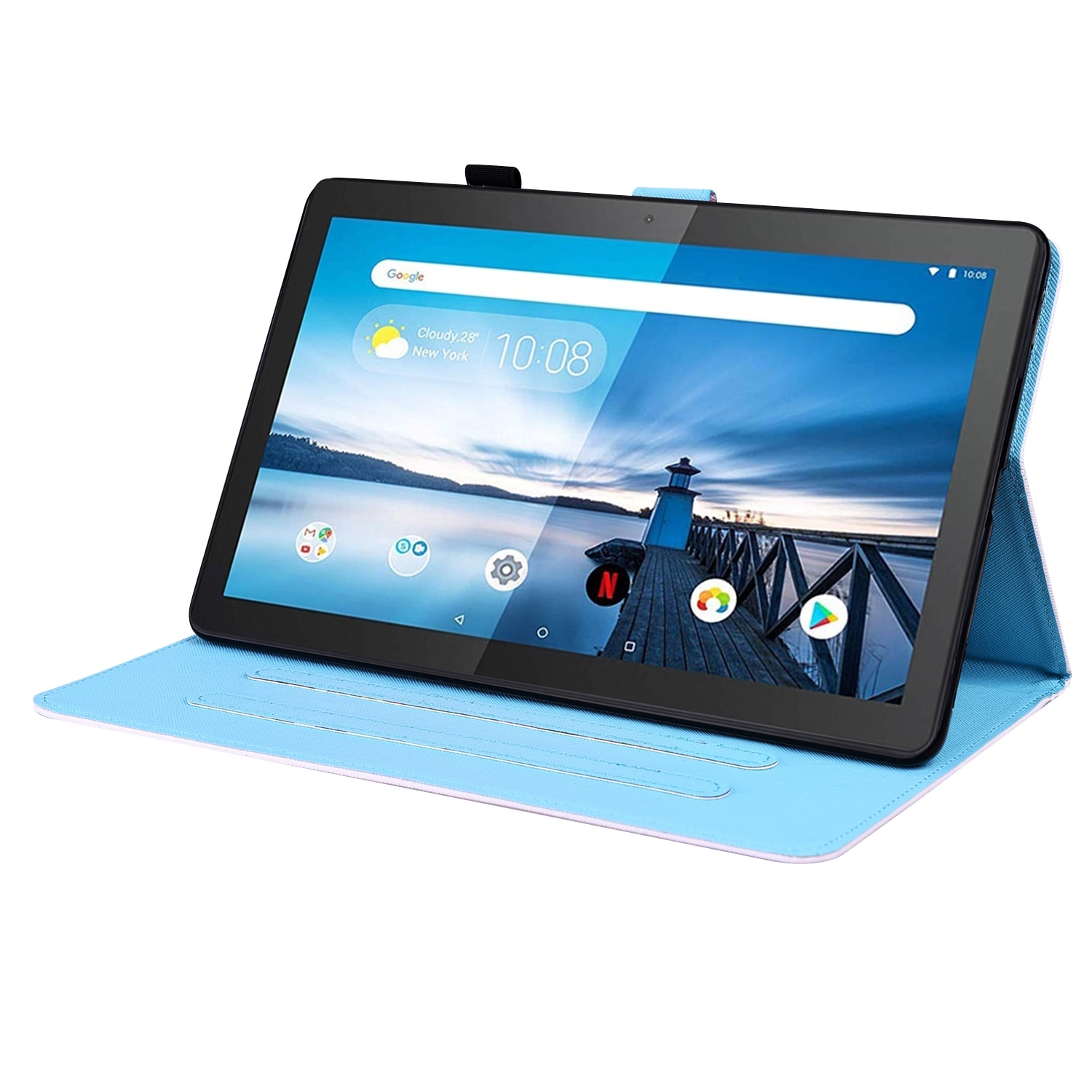 Husa tableta pentru Lenovo M10 FHD REL TB-X605FC / TB-X605LC, model cu model animal, din piele, tip carte cu suport si sloturi pentru carduri si cadru foto, Albastru