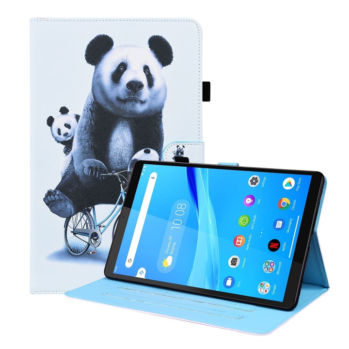 Husa tableta pentru Lenovo Tab M8 FHD TB-8505F / TB-8705X 8.0 inch, design animalier, tip carte cu suport si sloturi pentru carduri si poza (Panda ciclista), piele orizontala flip, negru