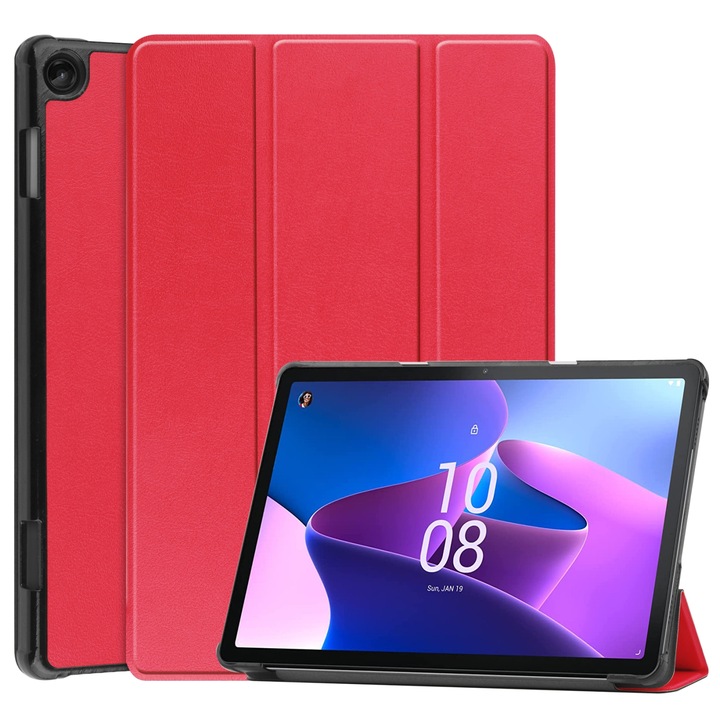 Lenovo Tab M10 3rd Gen / TB328FU tablet tok, okos bőr, könyv alakú tartóval, 3-szor összehajtható, piros színű