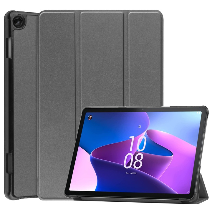 Lenovo Tab M10 3. generációs / TB-X650M tablet tok, okos bőr, könyv alakú tartóval, háromrészes kialakítás, szürke