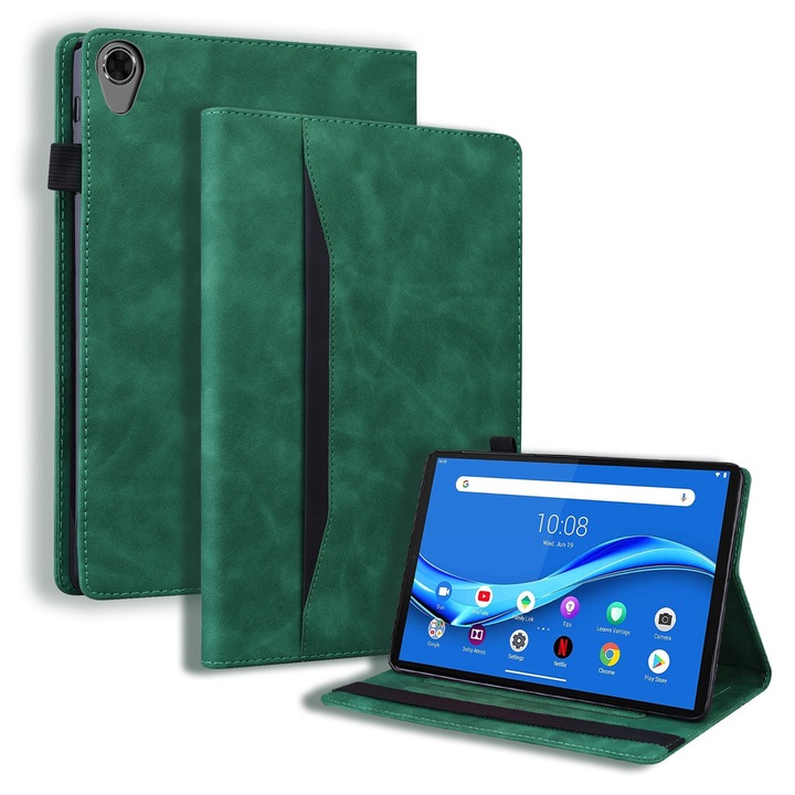 Husa tableta pentru Lenovo Tab M8 FHD TB-8505F/TB-8705X 8.0 inch, piele, tip carte orizontal, anti-soc business, suport, sloturi carduri si poza, penar, verde