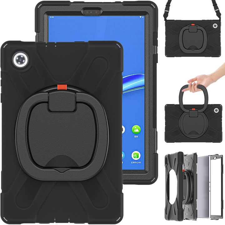 Husa tableta pentru Lenovo Tab M10 HD 2020 X306X/F, silicon + PC, tip carte cu suport si bretea, negru