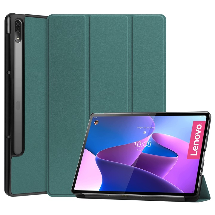Husa tableta pentru Lenovo Tab P12 Pro 12.6, textura piele tip custers cu trei plieri, verde inchis