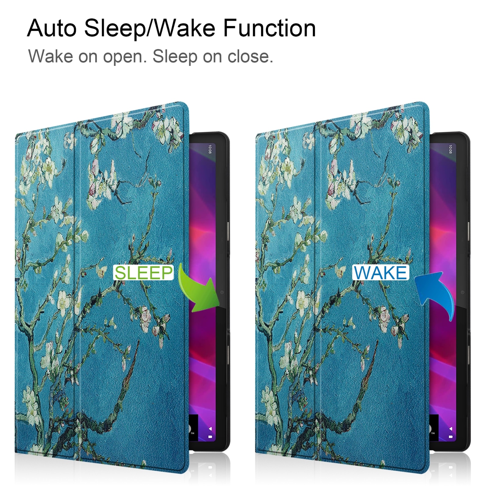 Husa tableta pentru Lenovo Yoga Tab 11, textura de custer, desen colorat, design orizontal, in piele PU, cu suport si functie de culcare/trezire, model floare de caisie