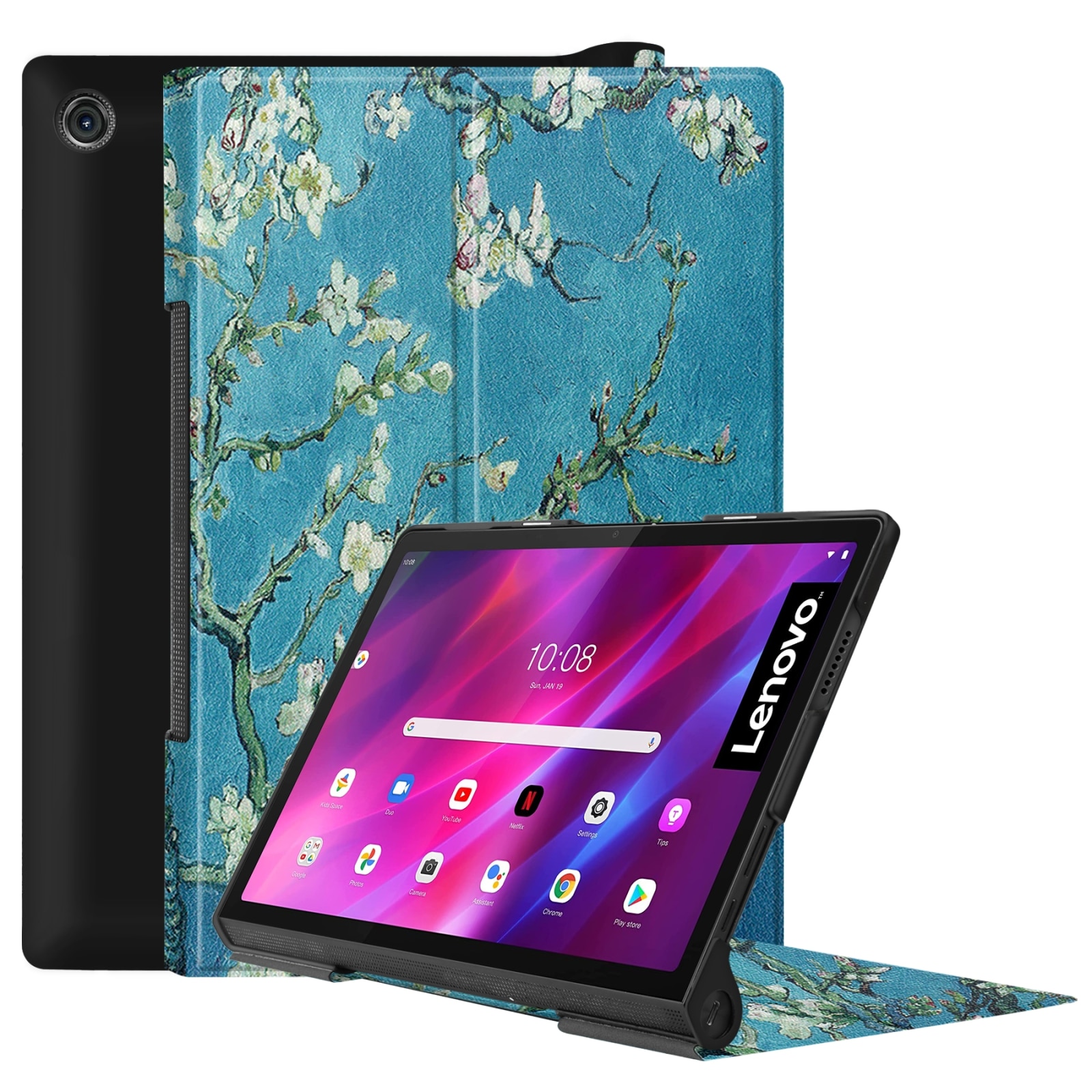 Husa tableta pentru Lenovo Yoga Tab 11, textura de custer, desen colorat, design orizontal, in piele PU, cu suport si functie de culcare/trezire, model floare de caisie