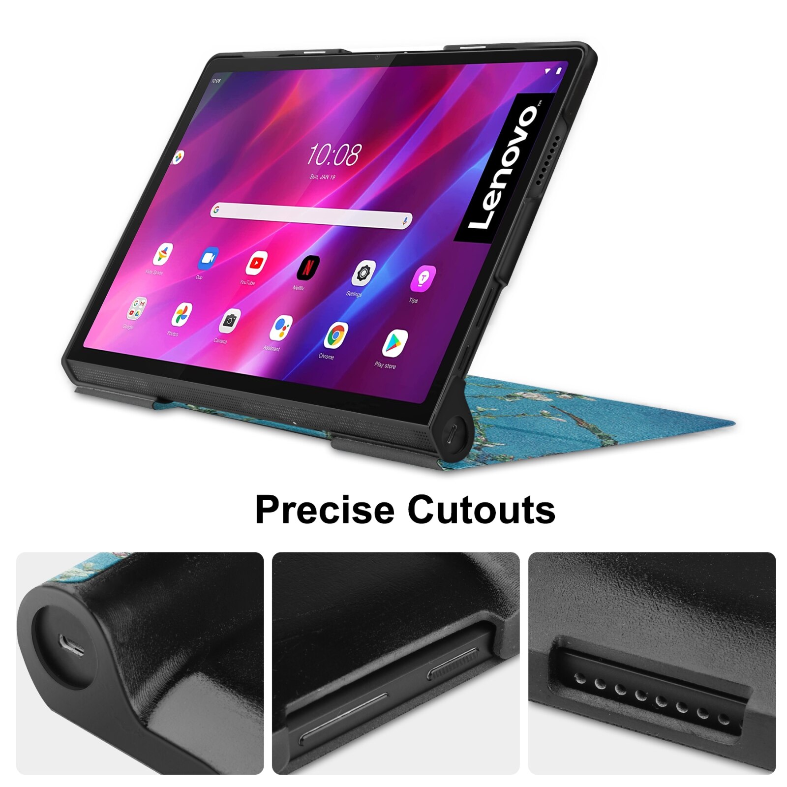 Husa tableta pentru Lenovo Yoga Tab 11, textura de custer, desen colorat, design orizontal, in piele PU, cu suport si functie de culcare/trezire, model floare de caisie