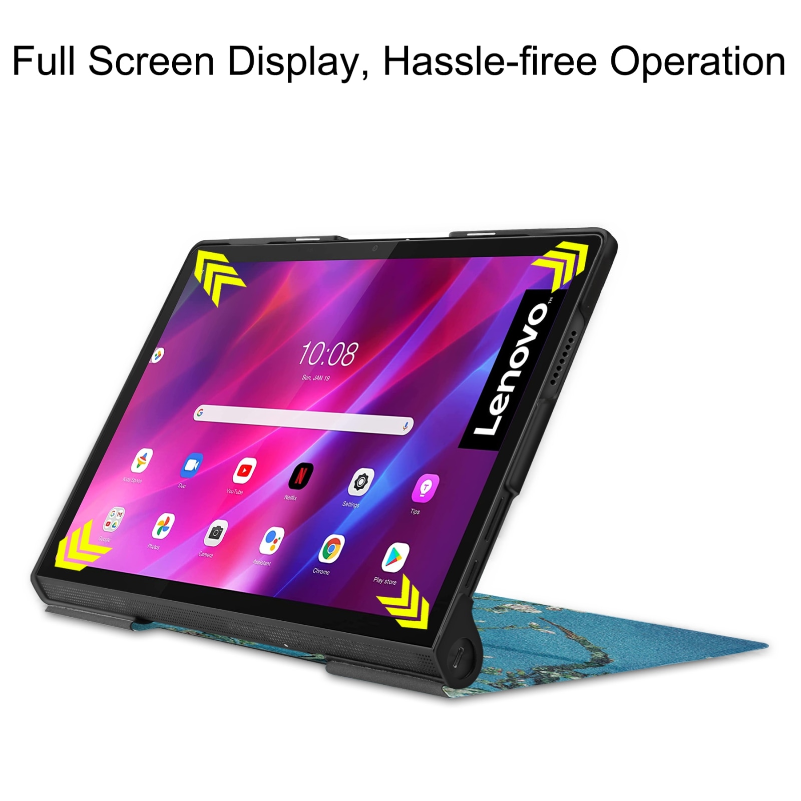 Husa tableta pentru Lenovo Yoga Tab 11, textura de custer, desen colorat, design orizontal, in piele PU, cu suport si functie de culcare/trezire, model floare de caisie