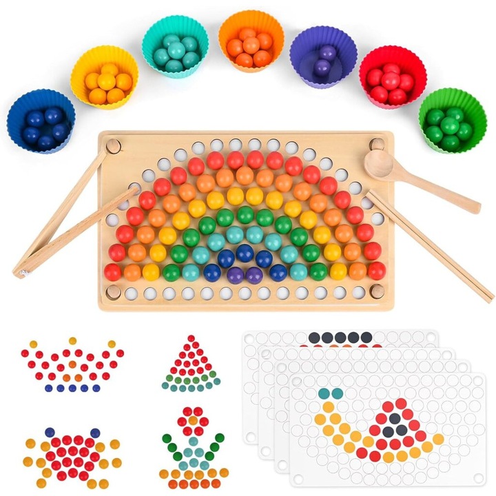 Joc educativ pentru memorie, potrivire si sortare, Montessori, din lemn, 3 ani +, 77 bile