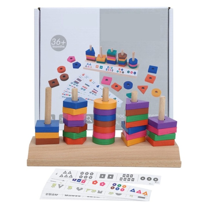 Joc educativ Sortator Montessori, 30 forme geometrice cu 16 Carduri, 5 coloane, Multicolor