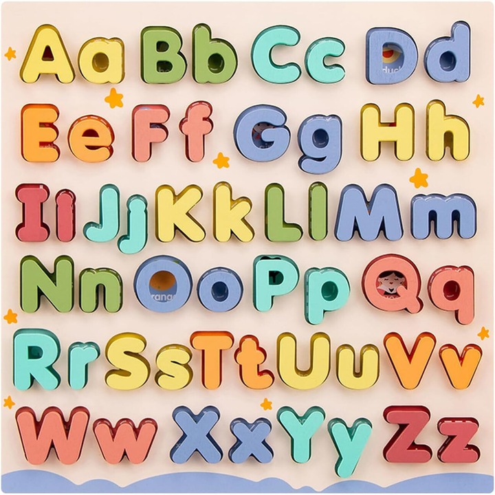 Puzzle educativ Montessori din lemn Alfabet 3D, litere mari si litere mici, imagini, cuvinte