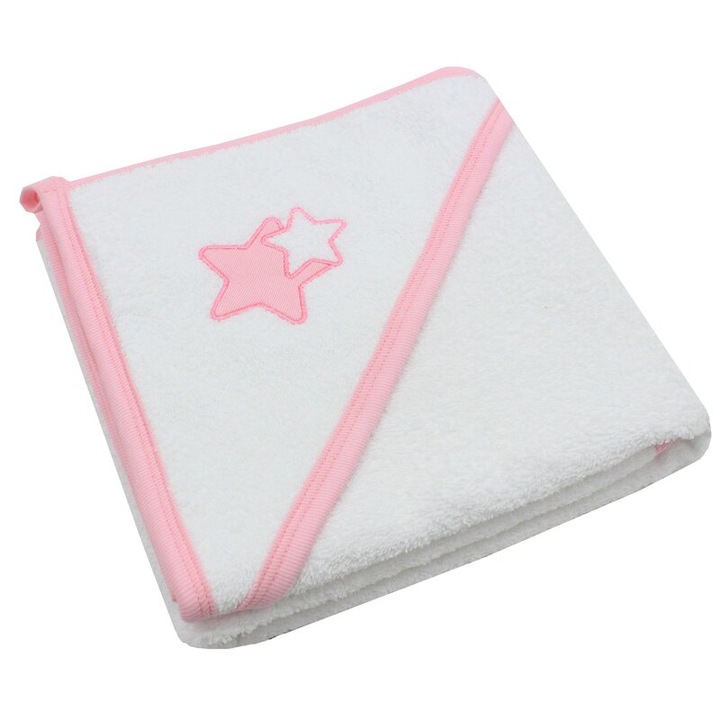 Prosop cu gluga, bumbac, stelute roz, 80 x 100 cm, alb