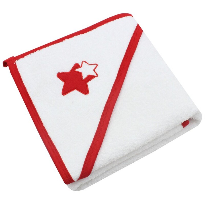 Prosop cu gluga, bumbac, stelute rosii, 80 x 100 cm, alb