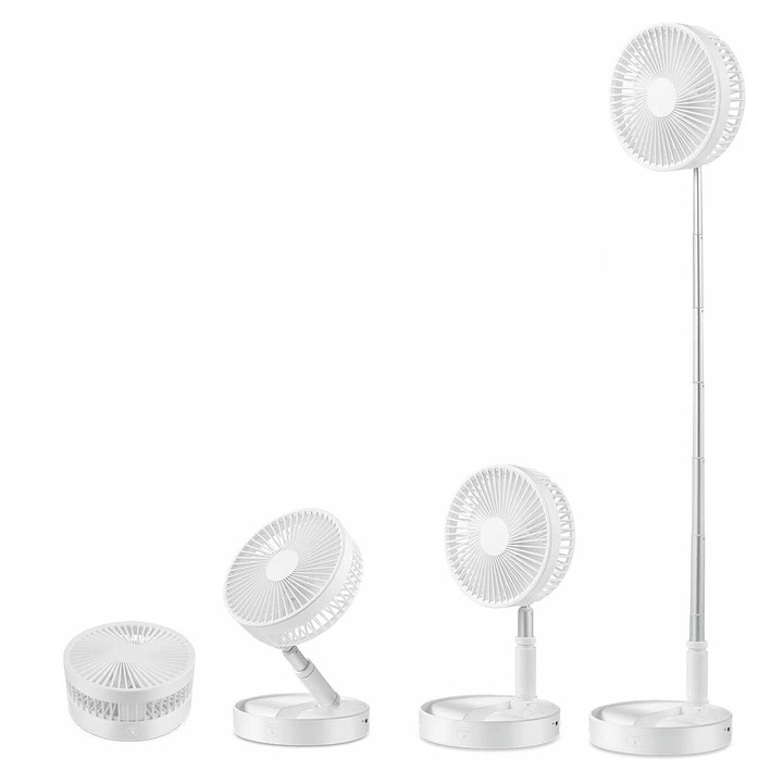 Ventilator Portabil De Podea, 4 Viteze, Acumulator 7200 mAh, 36-99cm, Ultra Silentios, Height adjustable, USB Type C, Alb