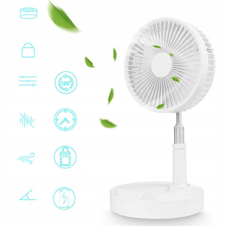 Ventilator Portabil De Podea, 4 Viteze, Acumulator 7200 mAh, 36-99cm, Ultra Silentios, Height adjustable, USB Type C, Alb