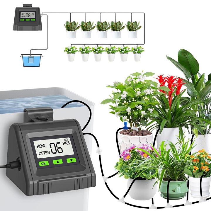 Sistem de irigare automat pentru plante, Pentru 11 ghivece, udare prin picurare, stropiti cu apa, temporizator, Conectare usb, Negru
