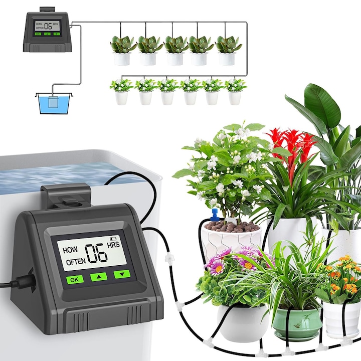 Sistem de irigare automat pentru plante, Pentru 11 ghivece, udare prin picurare, stropiti cu apa, temporizator, Conectare usb, Negru