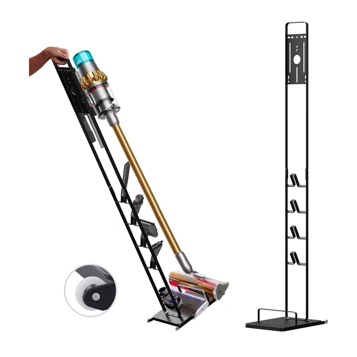 Suport Premium Pentru Aspirator Dyson, Gen5 V15s V15 V11 V10 V8 V7 V6, Montaj Fara Gauri in Pereti, Instalare Rapida, Constructie Stabila, Economisire Spatiu, Fund cu roti, 127x27.5x20.5 cm, Negru