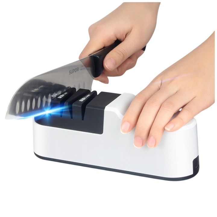 Ascutitor de cutite electric, cu doua nivele de ascutire, usor de curatat, 19x7.1x5.5 cm, Alb