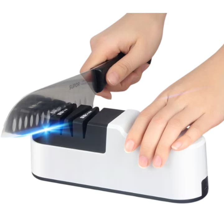 Elektromos késélező, két élezési szinttel, könnyen tisztítható, 19x7,1x5,5 cm, fehér