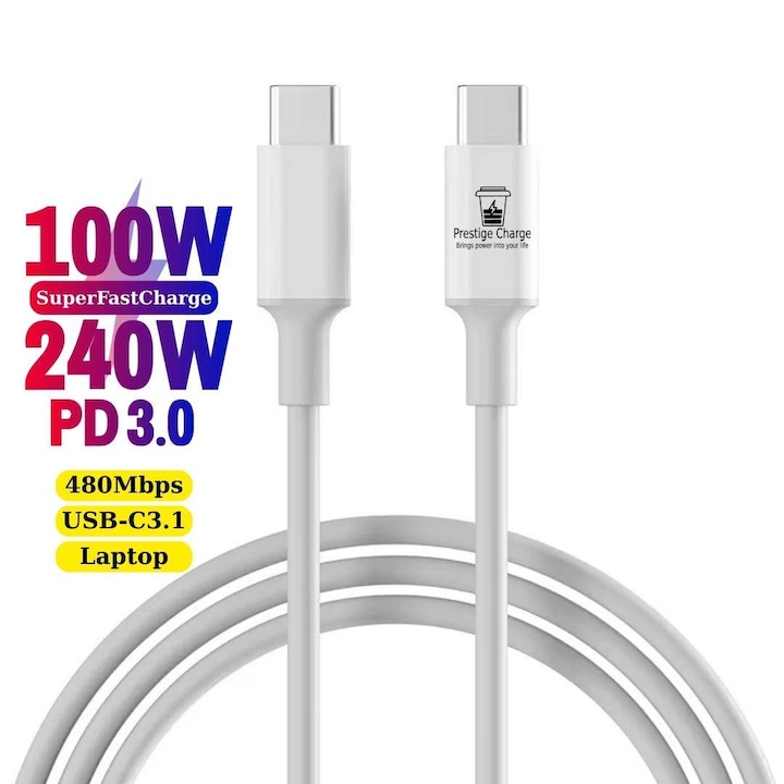 Кабел за данни и бързо зареждане 100/240W, PRESTIGE CHARGE®, SuperFastCharge за лаптоп, Samsung, Iphone 15, PREMIUM, USB-C към USB-C, Type C, 1 м, бял