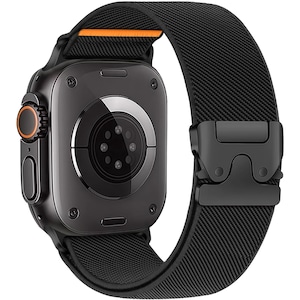 Bratara impletita compatibila cu Apple Watch 10/9/8/7/6/5/4/3/SE/2, display 42/44/45/46/49mm, atarama de Parasuta, Material Elastic, Negru