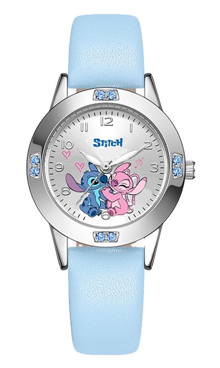 Ceas copii, Stitch si Angel, cadran argintiu incrustat cu diamante, mecanism de cuart potrivit, albastra/argintiu