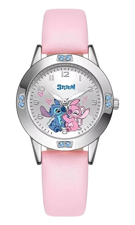 Ceas copii, Stitch si Angel, cadran argintiu incrustat cu diamante, mecanism de cuart potrivit, roz/argintiu