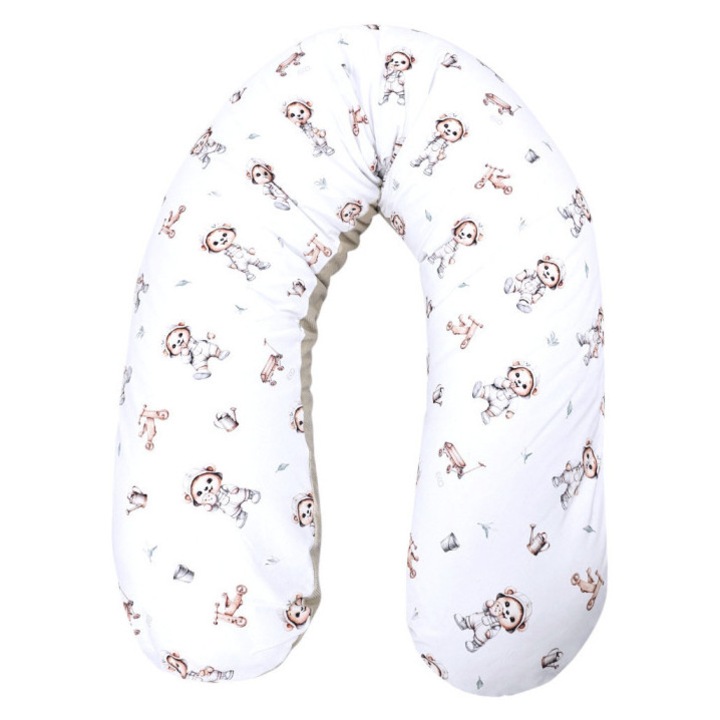 Perna de alaptare mare Eko, bumbac si catifea, alb/bej, cu imprimeu