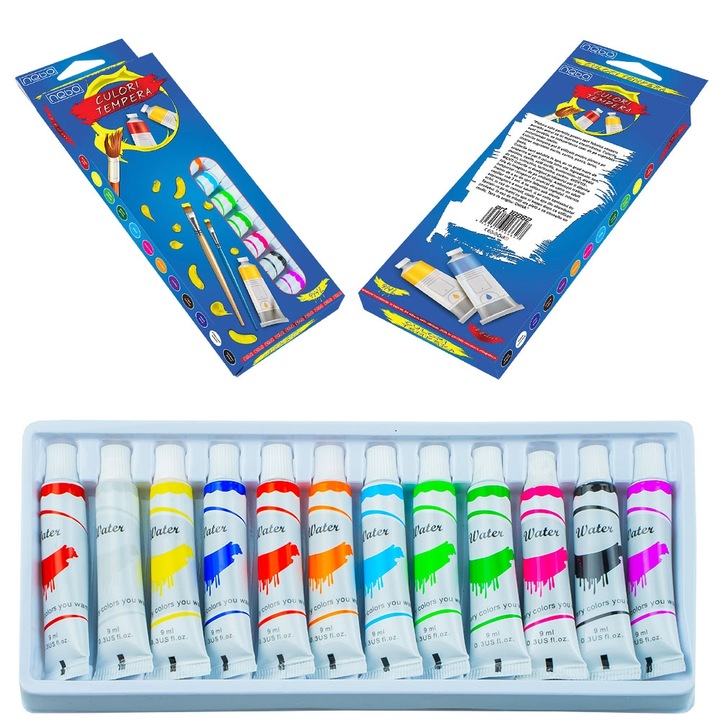 Culori tempera, 9 ml, 12 tuburi/cutie - NEBO