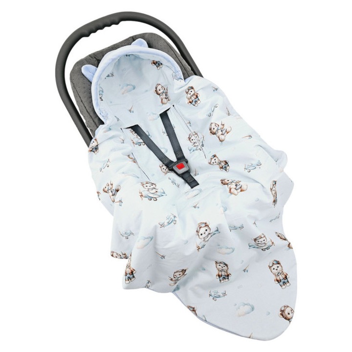 Одеяло за кола Eko, памук/кадифе, 3/5 точки на закрепване, 100x110 см, светло синьо/бяло с щампа