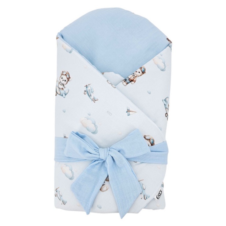 Paturica de infasat Eko, muselina/bumbac cu insertie de nuca de cocos, confortabil, albastru cu imprimeu