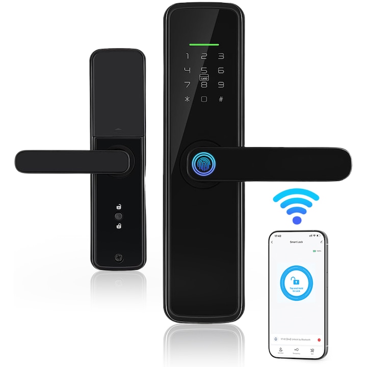 Интелигентна брава, Tressino, Премиум безжична, Включена брава, достъп чрез приложение Tuya, карта, пръстов отпечатък, парола, ключ, аларма за взлом, съвместима с Android и IOS, 5 режима на достъп, захранване 4xAA, черна