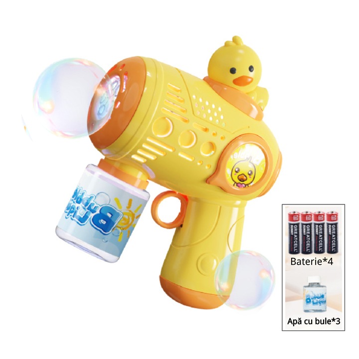 Automatikus buborékfújó gép, sárga kacsa, 1000+ buborék/perc, színes LED-ekkel, elemekkel és folyadékkal, biztonságos ABS kialakítás, tökéletes ajándék gyerekeknek, könnyű kialakítás, tökéletes kültéri használatra