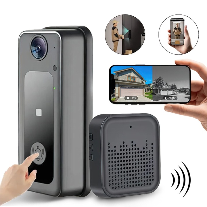 Sonerie Video Inteligenta, Tressino, Wireless Sonerie, Vedere Nocturna cu infrarosu, Cu Camera Video 720P, Microfon Audio Bidirectional, Apel Vocal Si Interfon Video, Rezistenta la apa, Kit montaj perete, Receptor inclus, Negru
