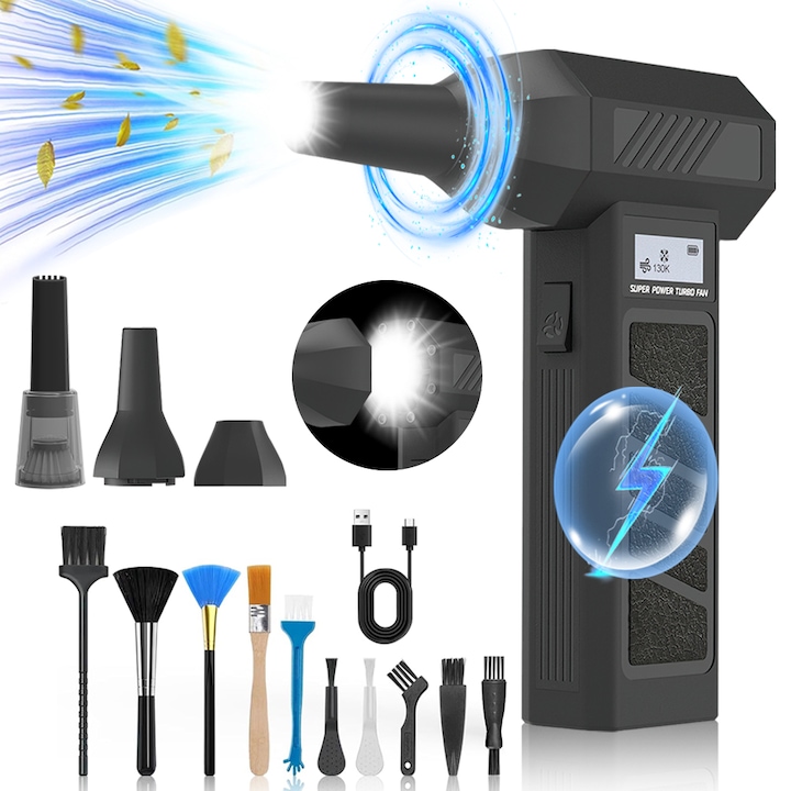 Suflanta Aer si Aspirator Portabil, Tressino, Turbo Fan, 4 Trepte De Viteza, 130000RPM, 5000 mAh, Incarcare USB-C, 12 Accesorii, Pentru Casa, Masina, Tastaturi, Camping, Negru