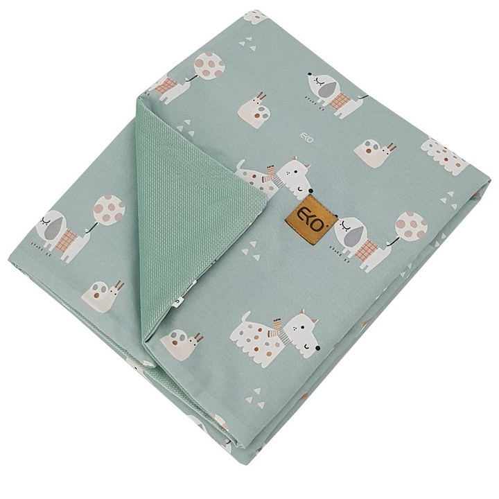 Еко одеяло и постелка за игра, анимиран принт на куче, памук/полиестер, ментово зелено