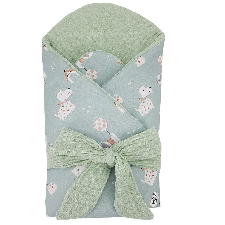 Еко бебешко одеяло, щампован памук, с вложка от кокосови влакна, ментово