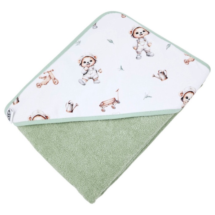 Prosop de baie pentru bebelusi, Eko, cu gluga, confortabil, bumbac, alb/verde, 100x100cm