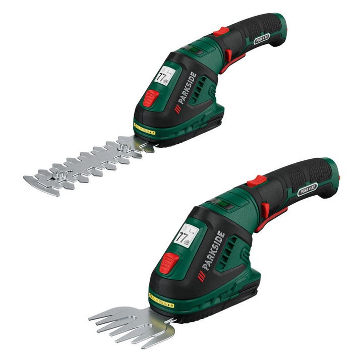 PARKSIDE 2 az 1-ben akkus elektromos olló, fű- és bokorvágás, akkus, cserélhető pengék 8cm/12cm, ergonomikus 180°-os fogantyú, lítium-ion akkumulátor 4V 2Ah, 60 perc üzemidő, precíziós kertészkedés