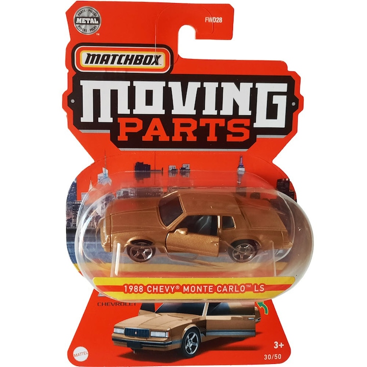 Masinuta Chevrolet Monte Carlo LS auriu 1988, Matchbox Moving Parts FWD28, scara 1/64