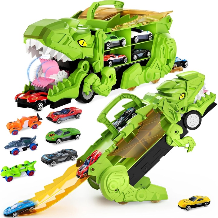DinoMax Transporter – Camionul care Inghite Masini, 8 Masinute Metalice, Pista de Lansare, Depozitare Inteligenta