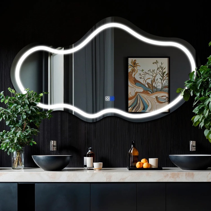 Oglinda LED 150x83 cm Asimetrica 3, LED 6000K Rece, 2 Butoane Touch, Functie dezaburire 30°-40° - Reyze Gama Salono Model LED 1