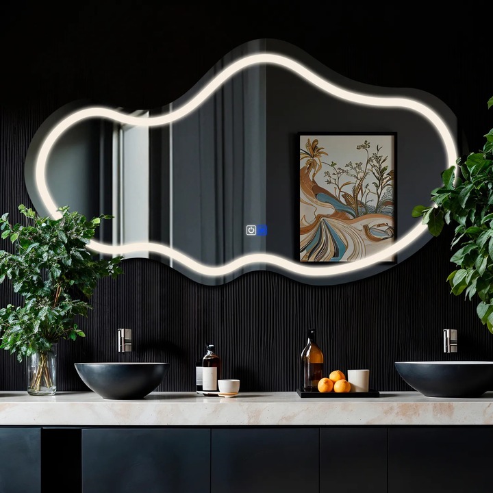 Oglinda LED 150x83 cm Asimetrica 3, LED 4000K Neutru, 2 Butoane Touch, Functie dezaburire 30°-40° - Reyze Gama Salono Model LED 1