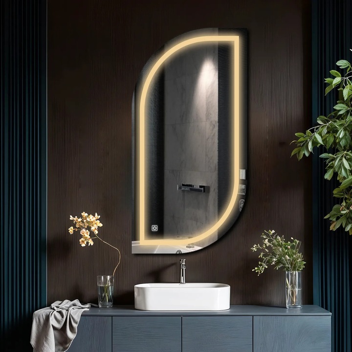 Oglinda LED 60x190 cm Semiovala 1, LED 3000K Cald, Buton touch LED - Reyze Gama Salono Model LED 1