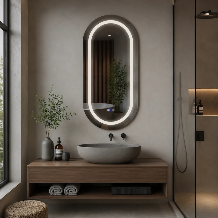 Oglinda LED 60x100 cm Ovala, LED 6000K Rece, Buton Tactil ON/OFF, Dimare - Reyze Gama Salono