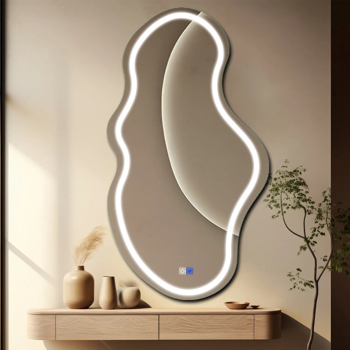 Oglinda LED 105x190 cm Asimetrica 2, LED 6000K Rece, 2 Butoane Touch, Functie dezaburire 30°-40° - Reyze Gama Salono Model LED 1