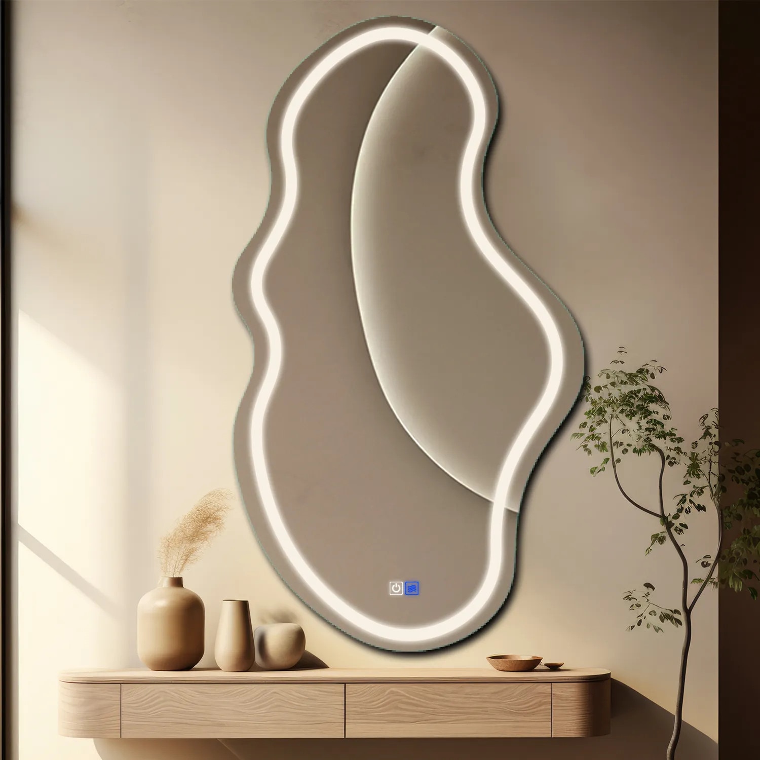 Oglinda LED 67x120 cm Asimetrica v3, LED 6000K Rece, Butoane