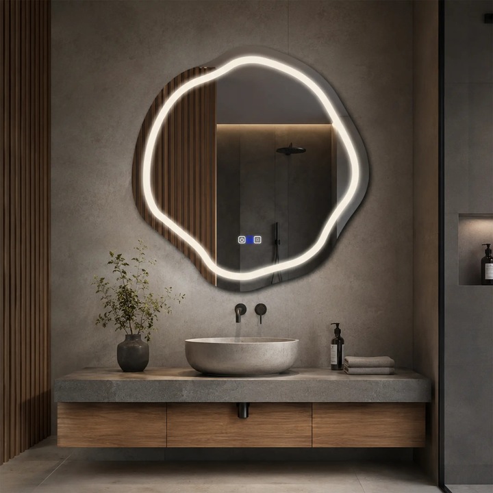 Oglinda LED 70x70 cm Asimetrica v5, LED 6000K Rece, Buton Tactil ON/OFF, Dimare - Reyze Gama Salono