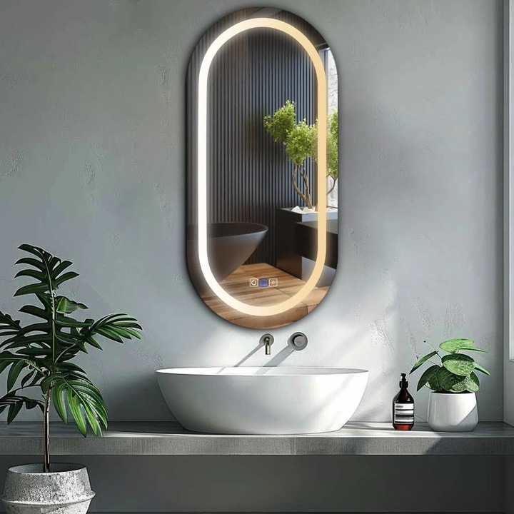 Oglinda LED 60x150 cm Ovala, LED 3000K-6000K Dual, 3 Butoane Touch, Functie dezaburire 30°-40°, Temperatura LED Ajustabila - Reyze Gama Salono Model LED 1