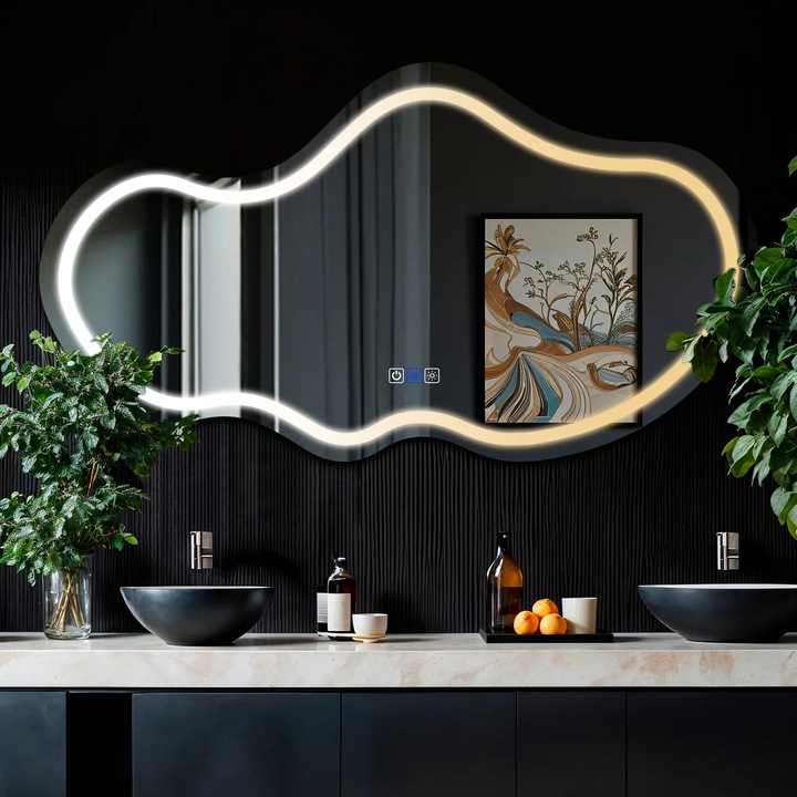 Oglinda LED 150x83 cm Asimetrica 3, LED 3000K-6000K Dual, 3 Butoane Touch, Functie dezaburire 30°-40°, Temperatura LED Ajustabila - Reyze Gama Salono Model LED 1